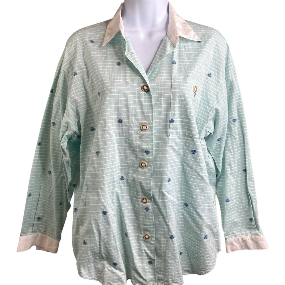 NEVADA MME FORGUES Womens Mint Green Striped Button Down Shirt 38/6 Preppy Chic